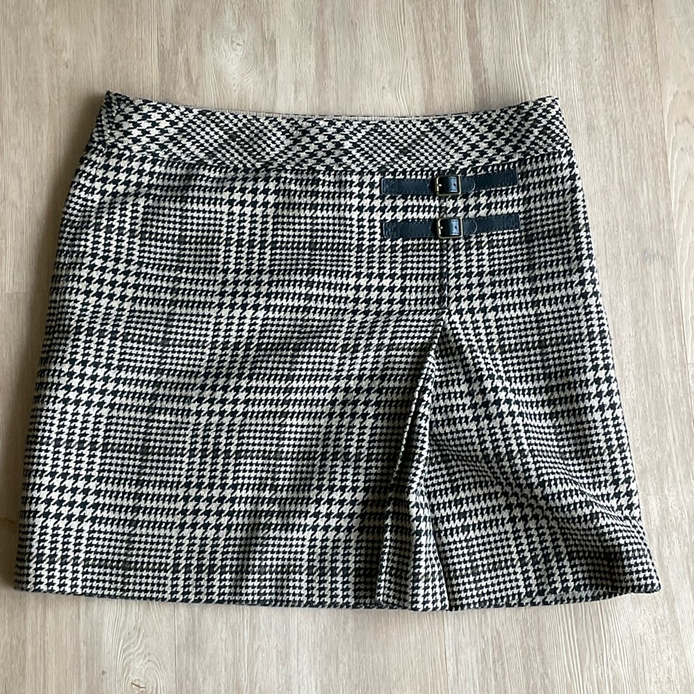 Ann Taylor Loft black neutral plaid wool mini kilt skirt size 4